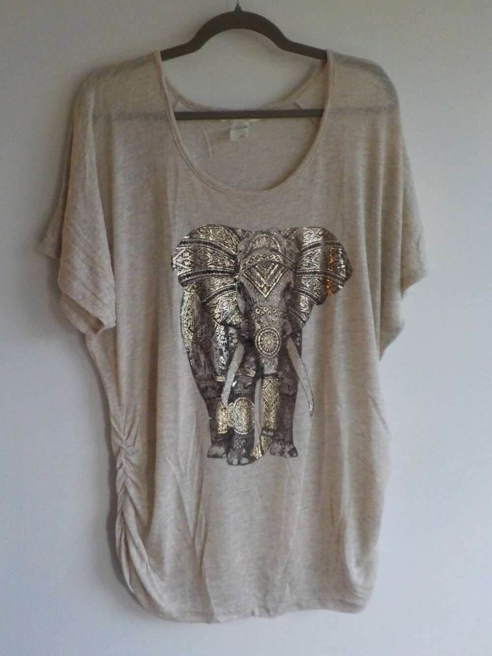 Agenda Blouse Tunic - Size 1X - Beige Elephant Rouching Short Sleeve (2099)